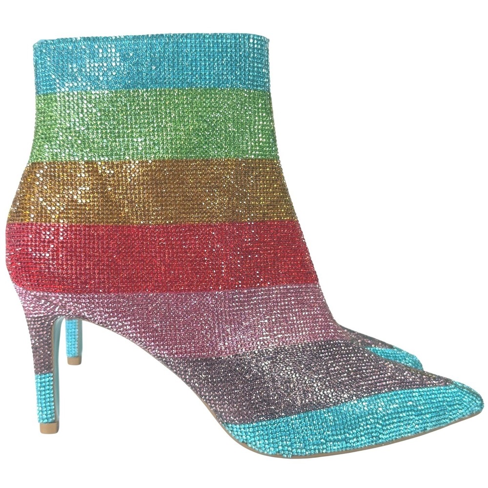 Betsey Johnson EMMY Rhinestone Ankle Boots Rainbow 8M Colorful Sparkle Stiletto - Picture 4 of 11
